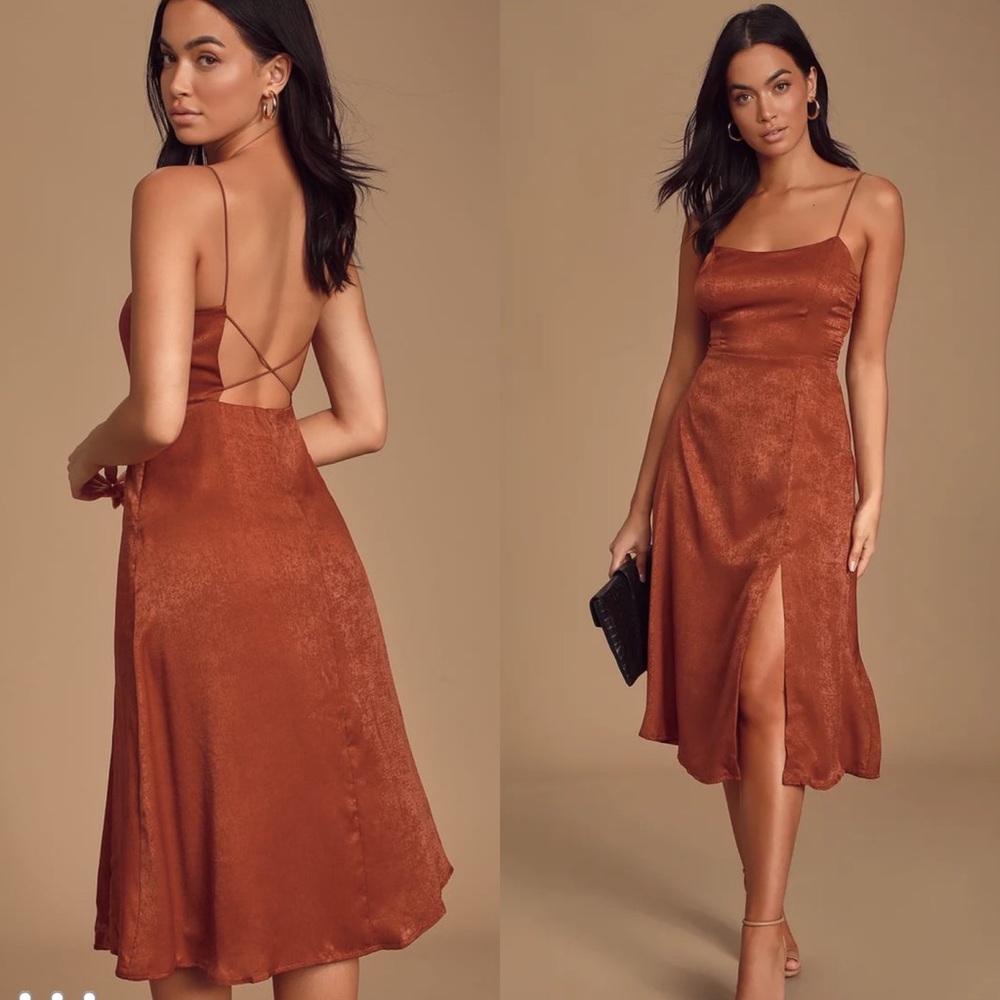 NWT Lulu’s Marabel Rust Orange Satin Backless Midi Dress - Fall Wedding Guest